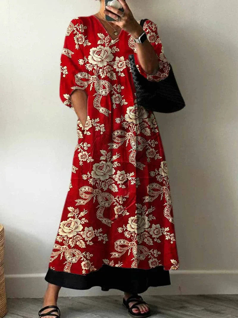 V-Neck Half Sleeve Floral Print Contrast Hem Pocket Shift Maxi Dress