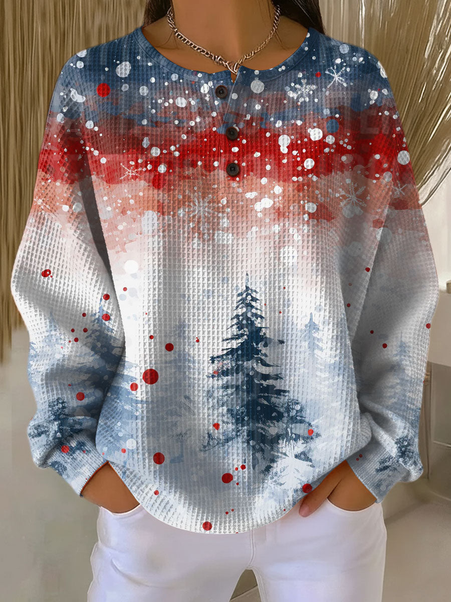 Christmas Henley Neck Snowy Pine Tree Print Waffle Knit Sweater
