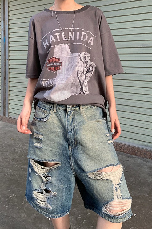Distressed Frayed Hem Mid Length Denim Shorts
