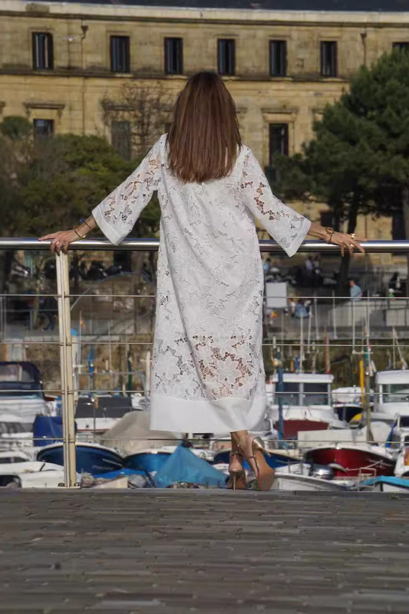 Notch V-Neck Floral Guipure Lace Three Quarter Sleeve Shift Maxi Dress 15