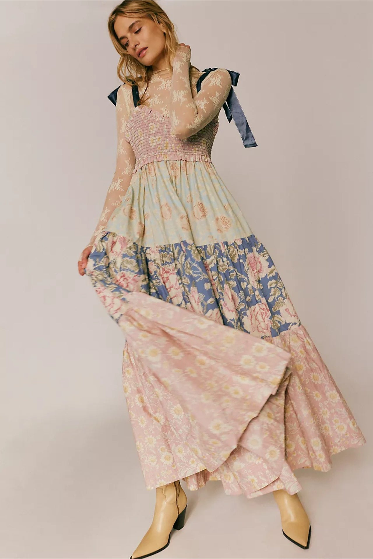 Smocked Sweetheart Bow Shoulder Strap Patchwork Floral Tiered Maxi Dress 10