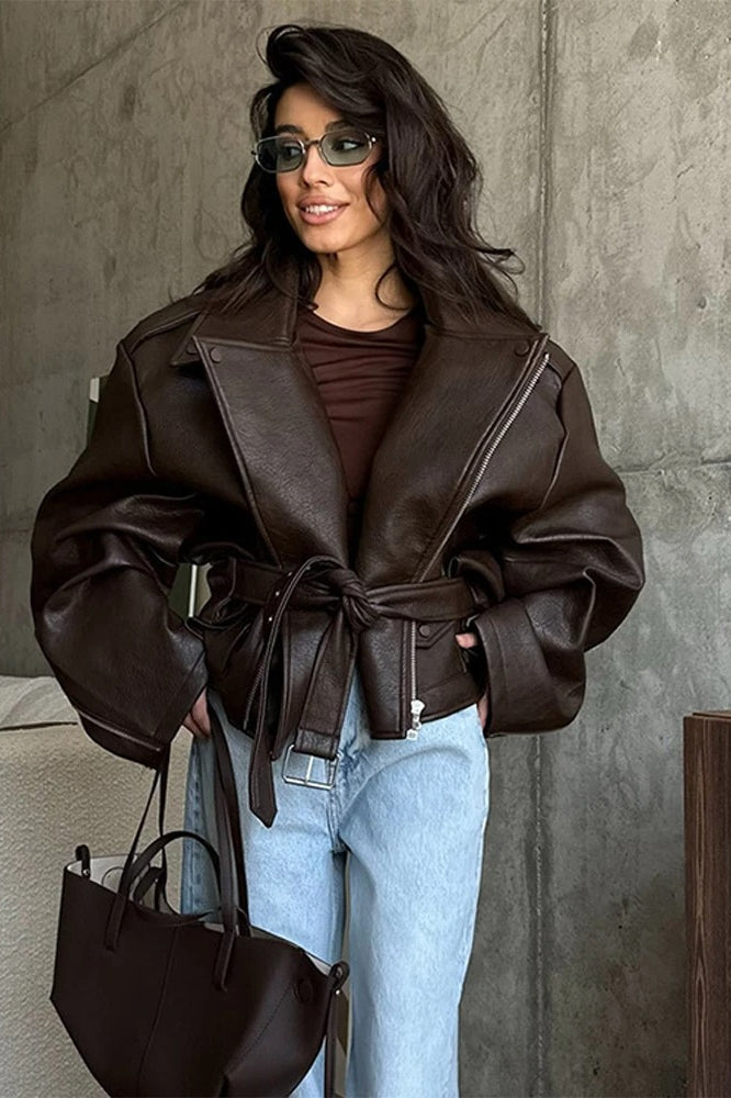 Cinched Waist Zipper Biker Jacket