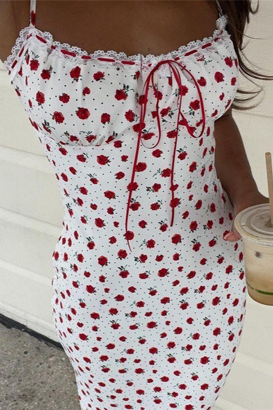 Lace Patchwork Spaghetti Strap Long Floral Dress