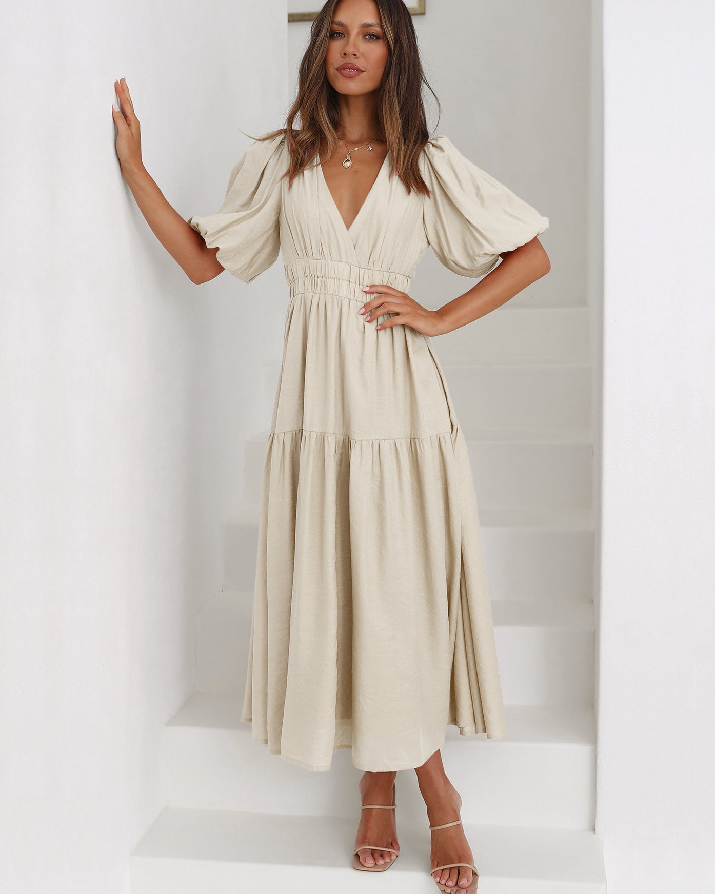 Nancy Chic V Neck Dress with Puff Sleeves Silhouette Collection