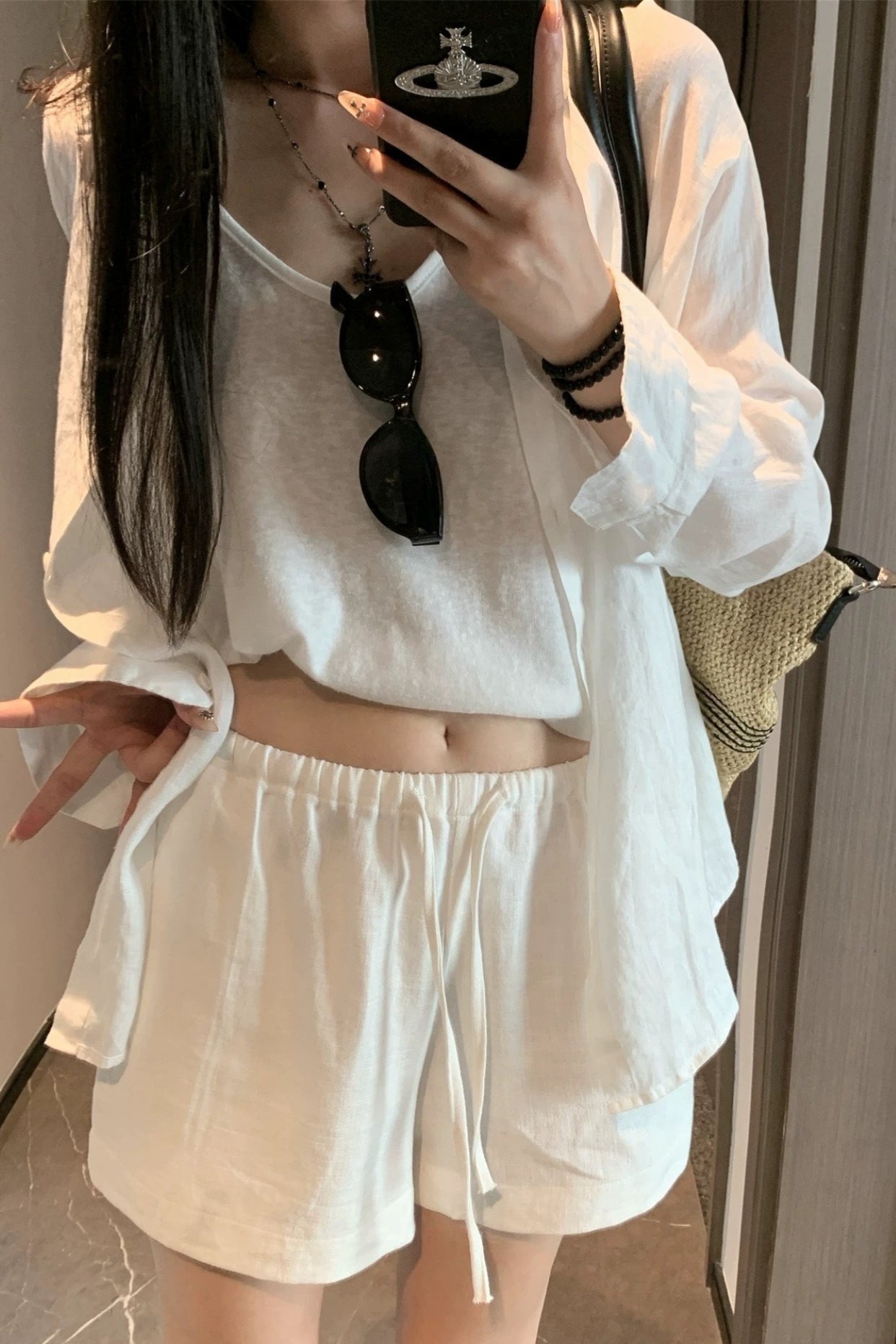 Washed White Linen Draped Loose Shorts Pants