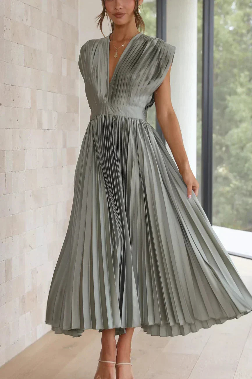 Cristina Effortless Dress Pleated V Neck Midi Chic Silhouette Collection