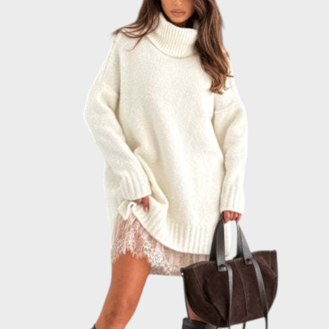 Turtleneck Oversized Knit Sweater Lace Trim Slip Dress Set 11