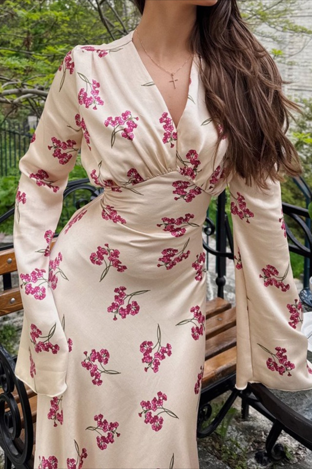 Deep V Neck Flared Sleeve Tiered Maxi Floral Print Dress 12