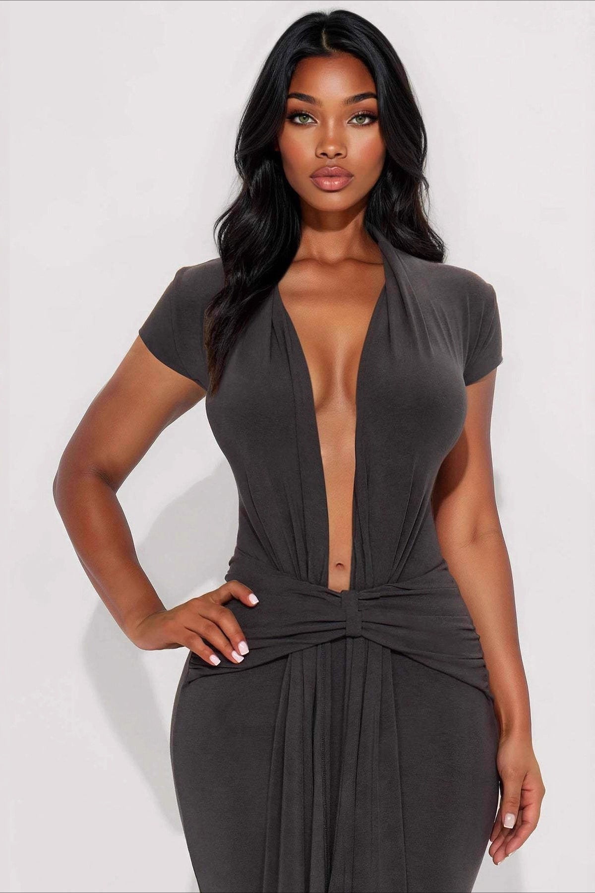 Solid Plunge V Short Sleeve Tie Slim Bodycon Dress