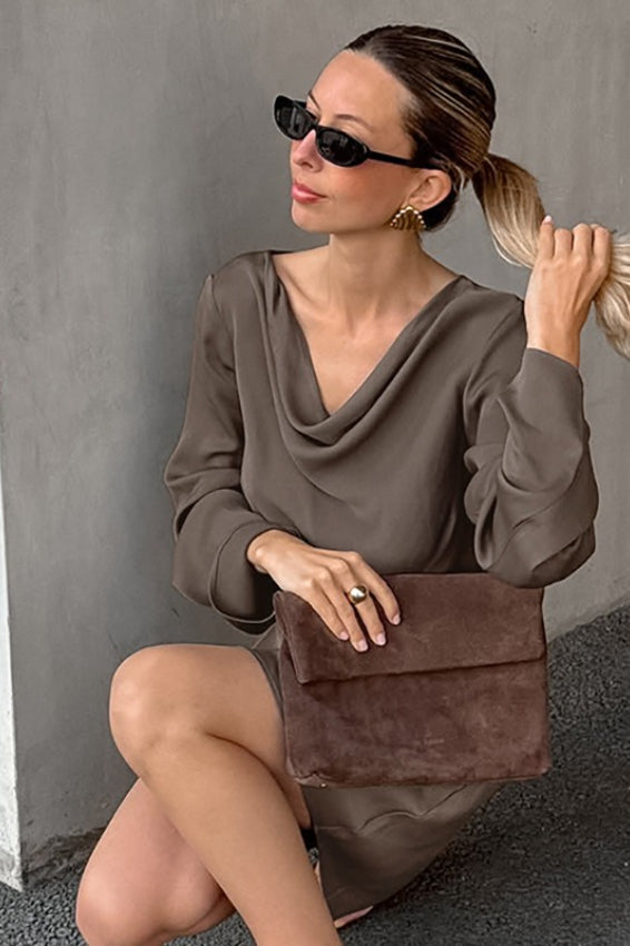 Cowl Neck Long Sleeve Fitted Midi Dress