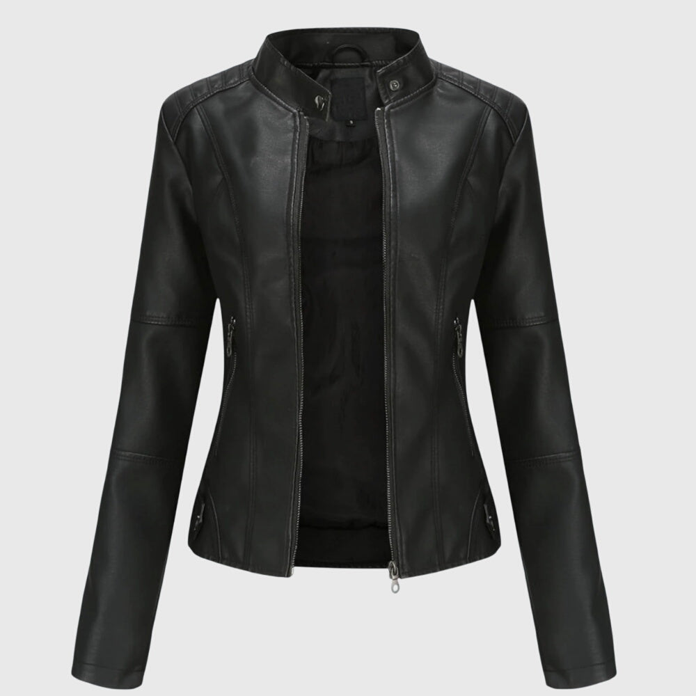 Stand Collar Faux Leather Zip-Front Fitted Moto Jacket