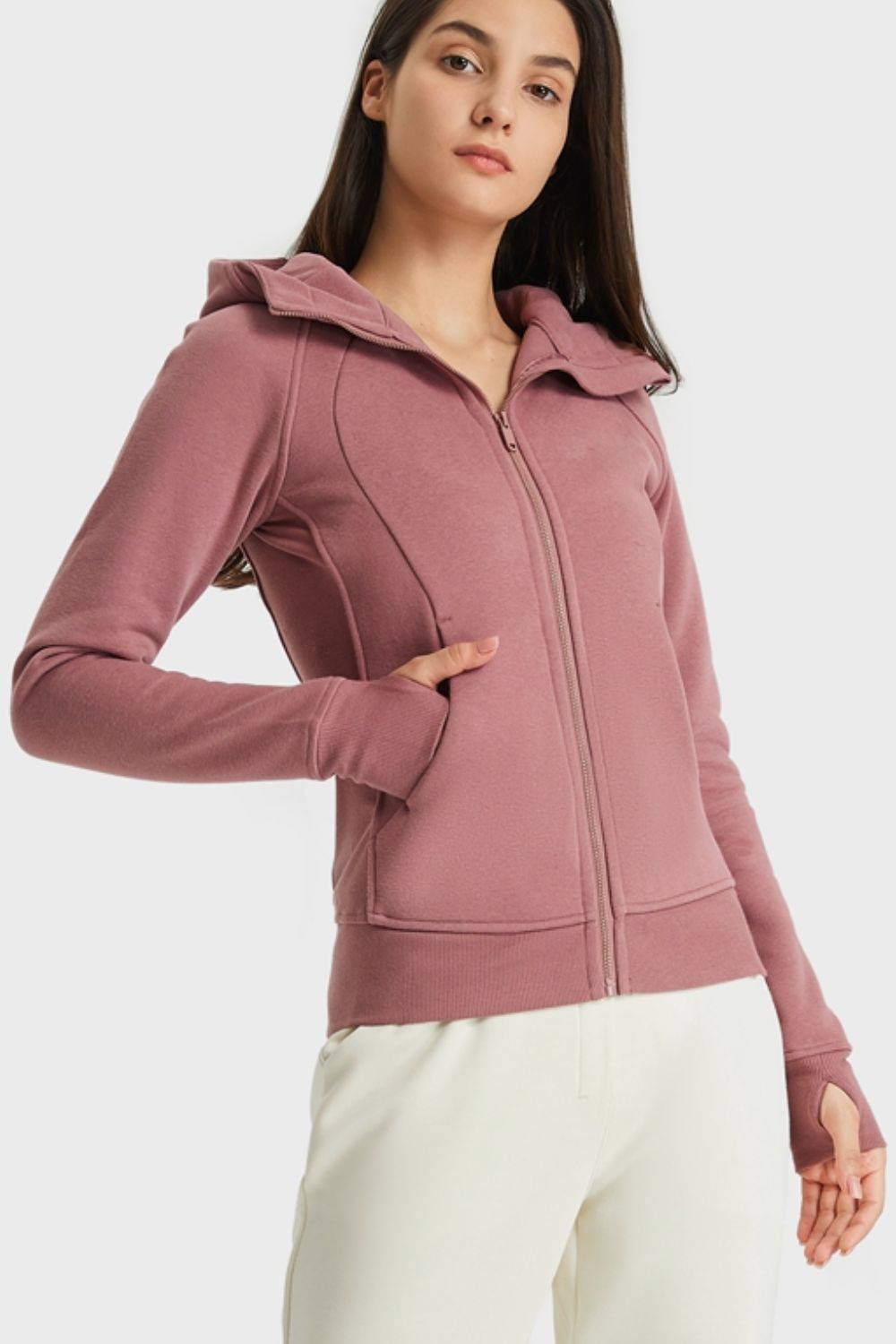 Zip Up Hooded Long Sleeve Thumbhole Fitted Sports Jacket