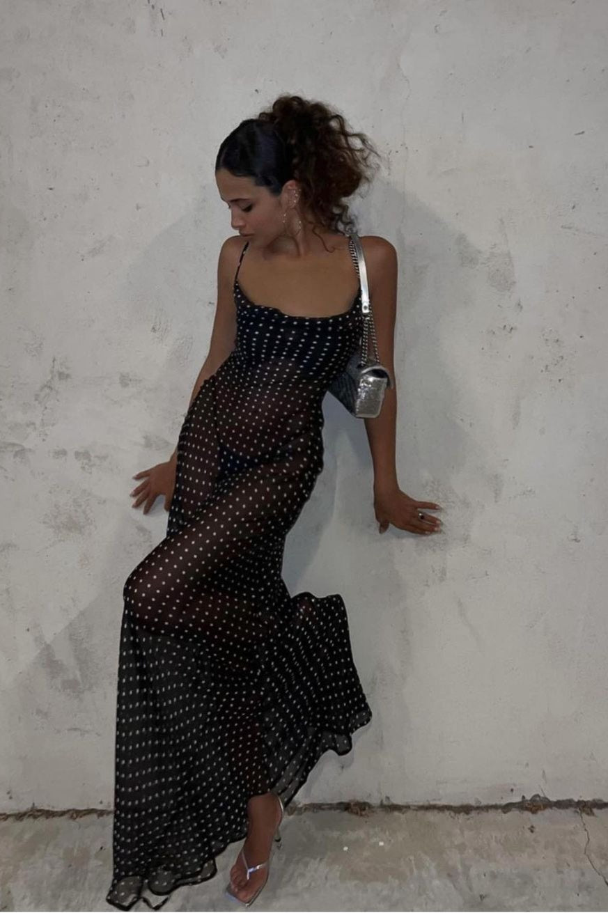 Black Polka Dot Square Neck Backless Cami Maxi Dress 2