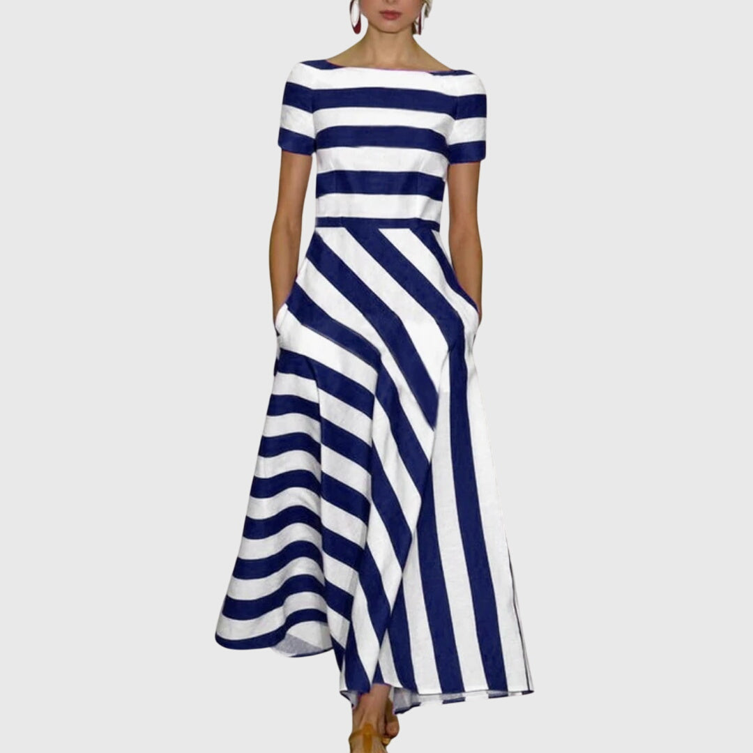 Boat Neck Striped Short Sleeve A-Line Maxi Dress