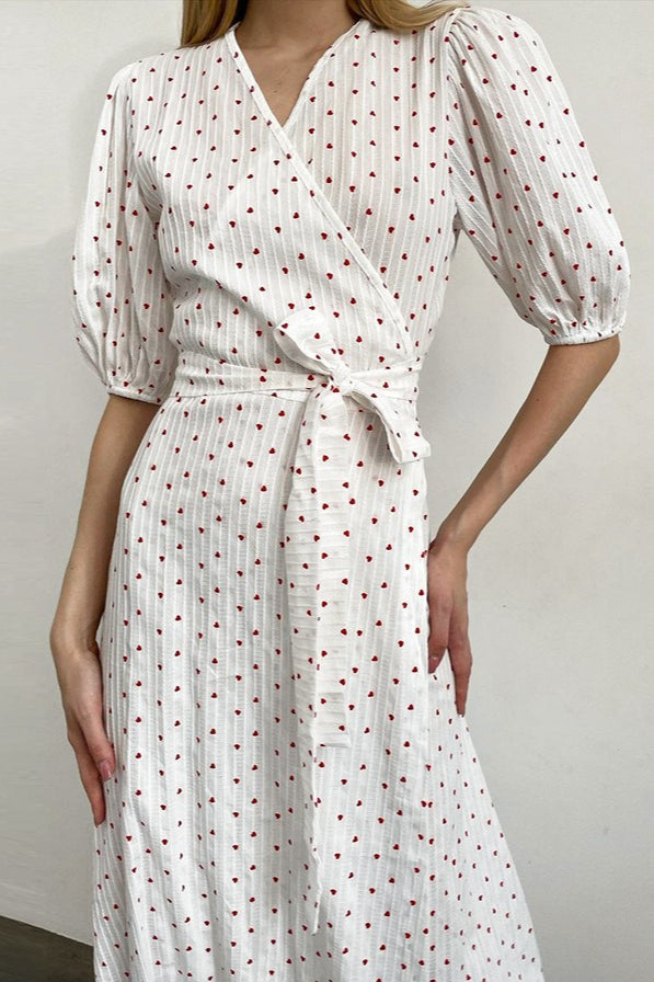 White Cotton Heart Print V-Neck Wrap Maxi Dress 3