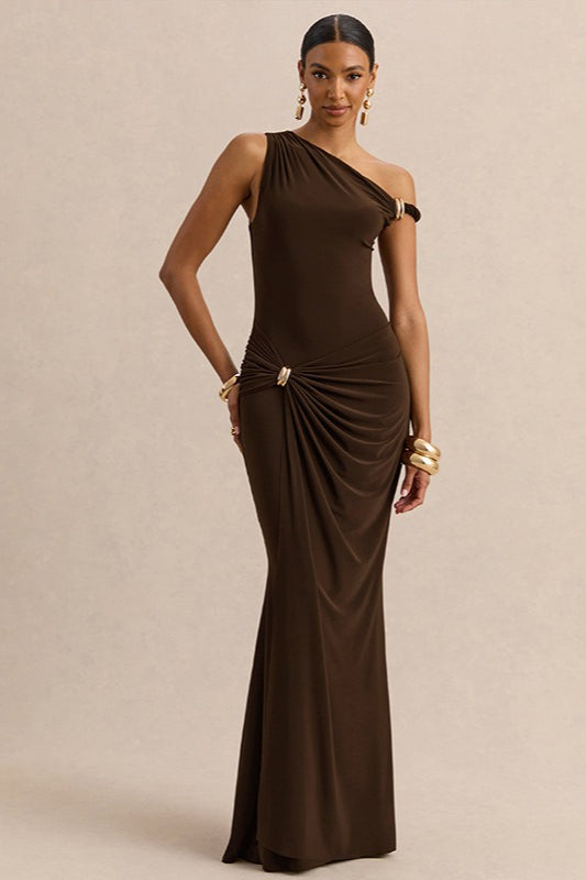Off Shoulder Asym Metallic Trim Party Dress
