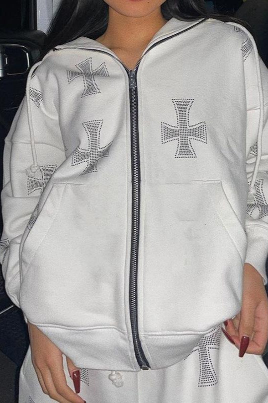 Cross Rhinestone Zip Loose Hoodie