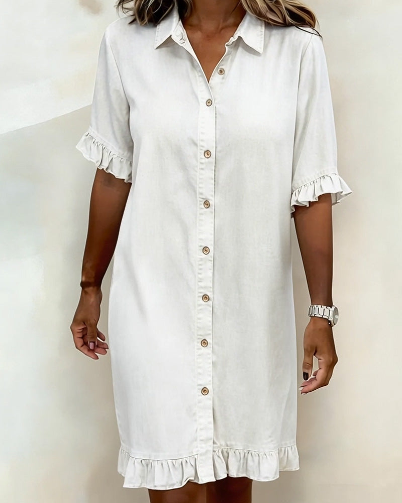 Collared Ruffle Cuff Ruffle Hem Denim Shirt Dress 10