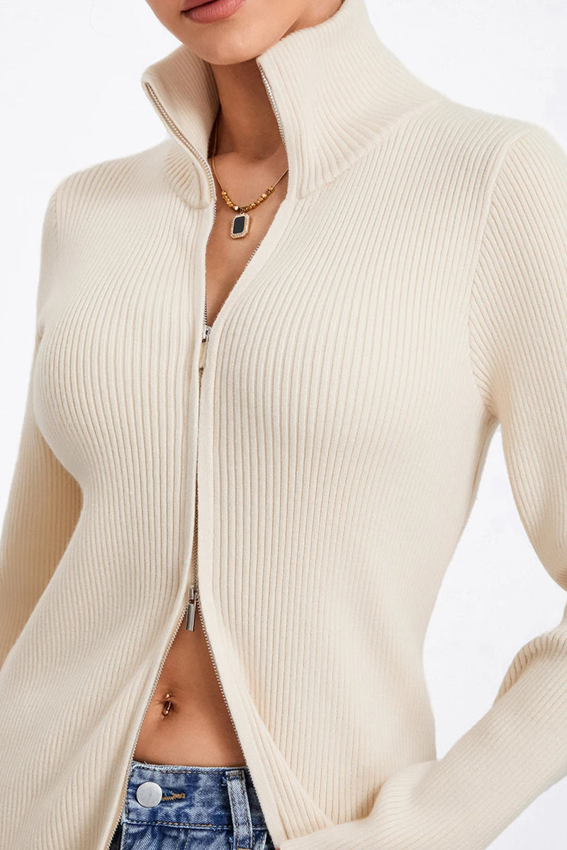 Ribbed Knit ZipUp Stand Collar Cardigan