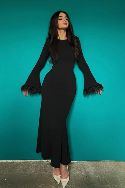 Black Feather Trim Bodycon Maxi Sweater Dress 5