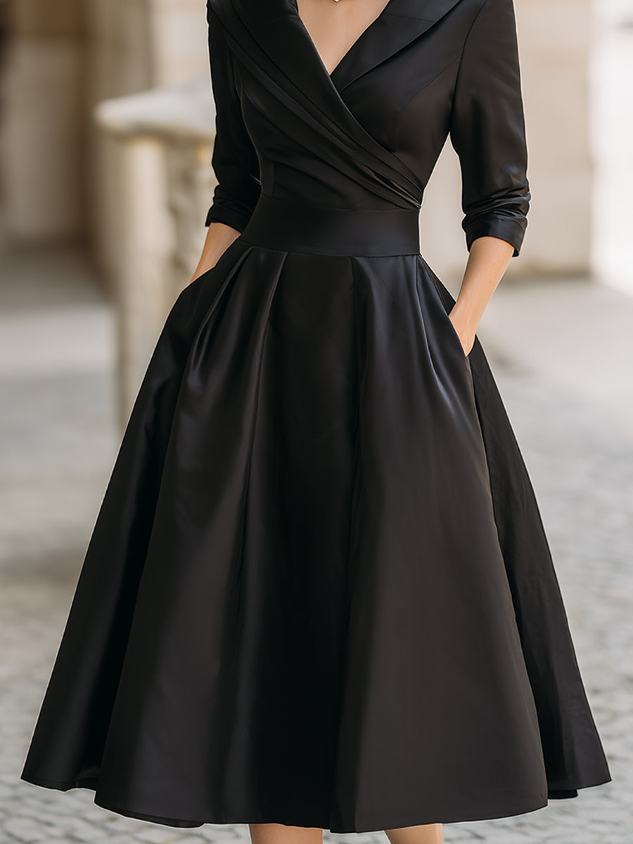 Shawl Collar Surplice Satin Pleated A-Line Midi Dress 8