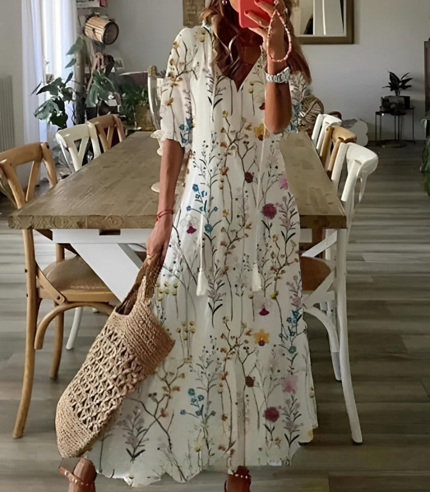Tassel V-Neck Half Sleeve Ikat Print Tiered Maxi Dress