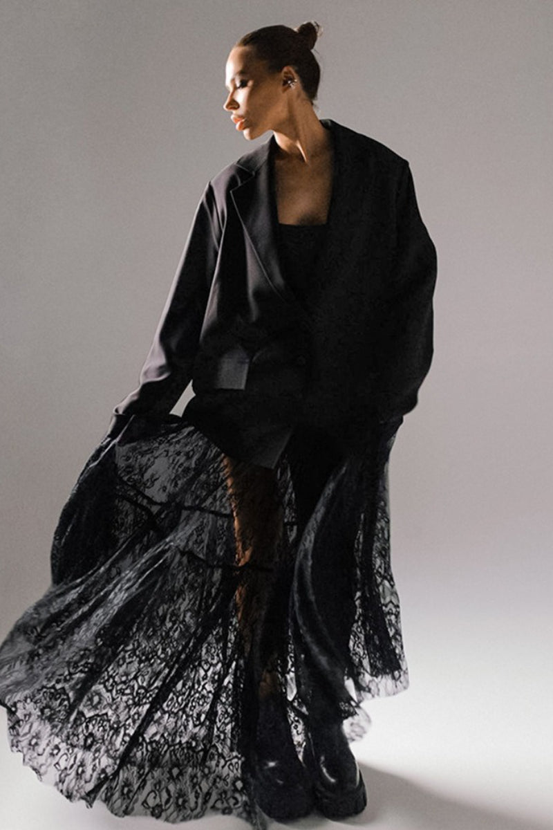 Black Lace Panel Boho Maxi Skirt