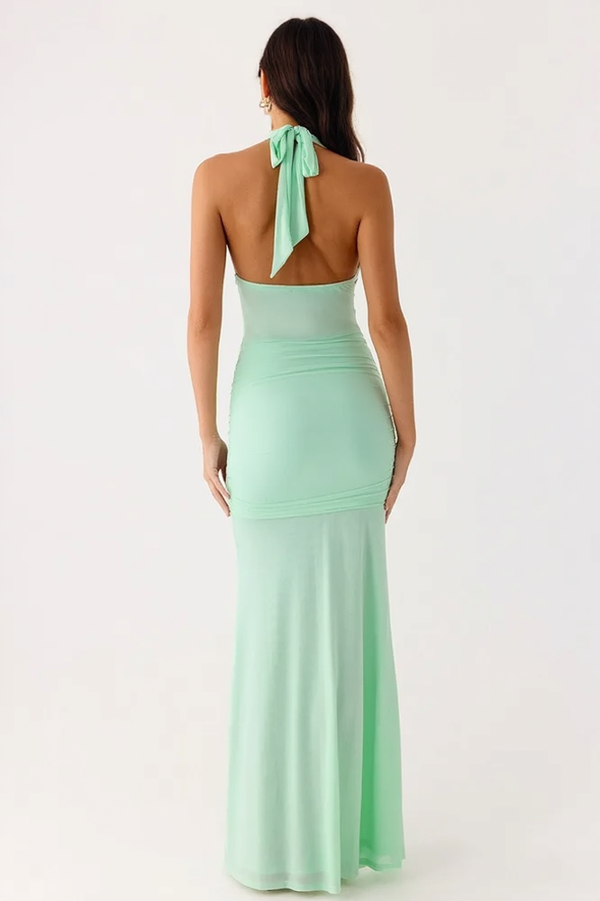 Deep V Halter Backless Sash Bodycon Party Dress
