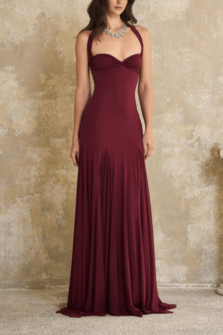 Elegant Halter Bandeau Fitted Backless Floor Length Party Dress