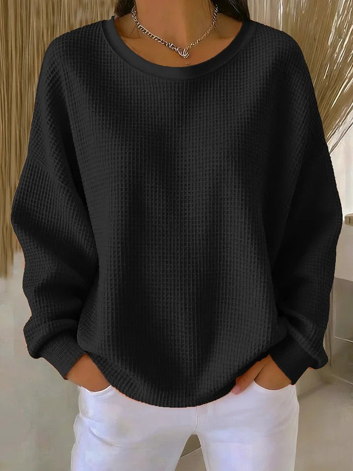 Round Neck Waffle Knit Long Sleeve Drop Shoulder Sweater 4