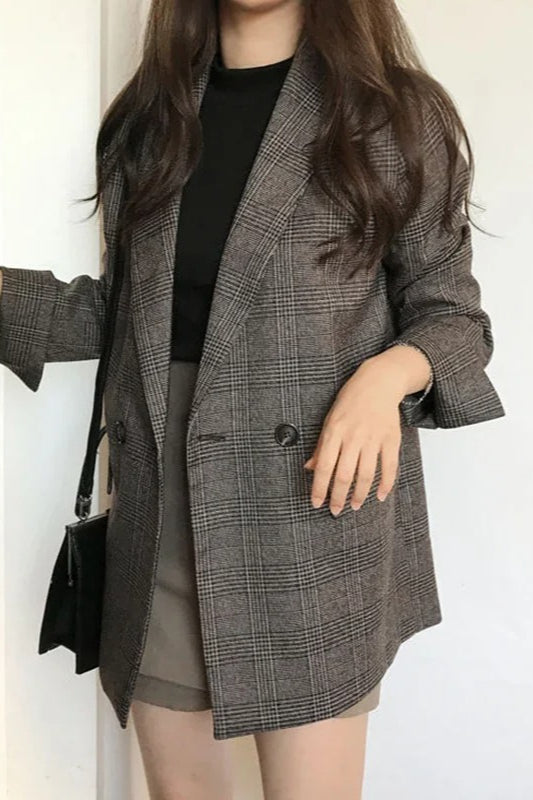 Plaid DoubleBreasted Long Blazer