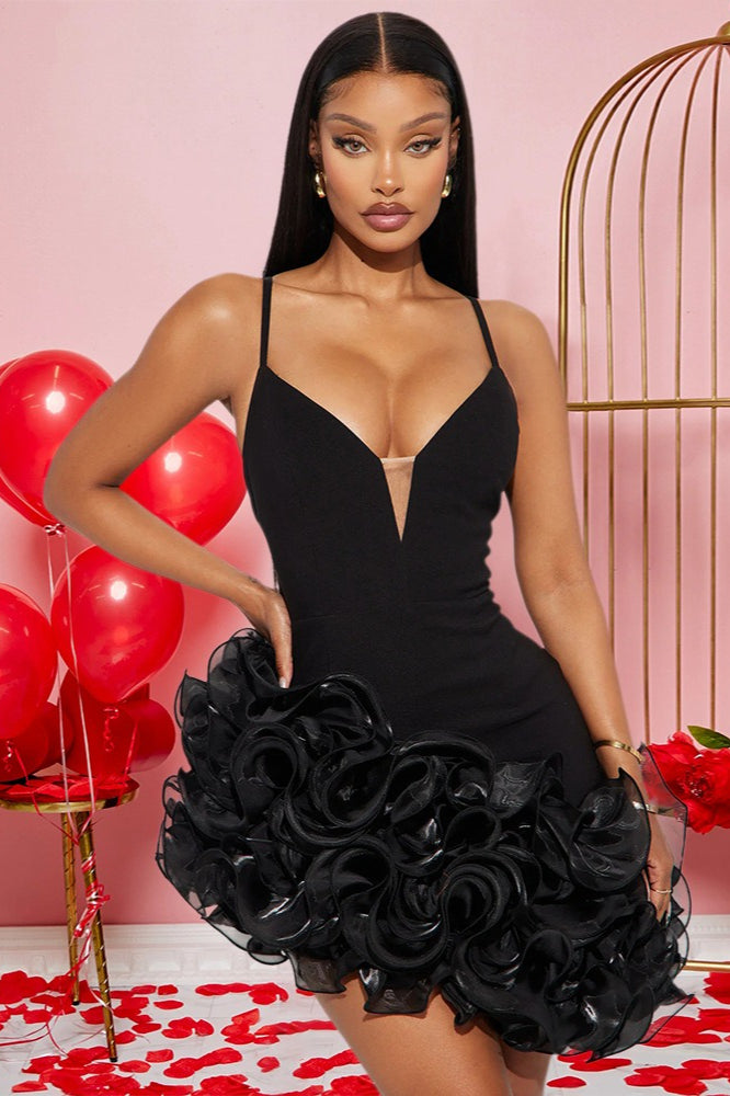 Spaghetti Strap Ruffled Asymmetric Hem Bodycon Mini Dress