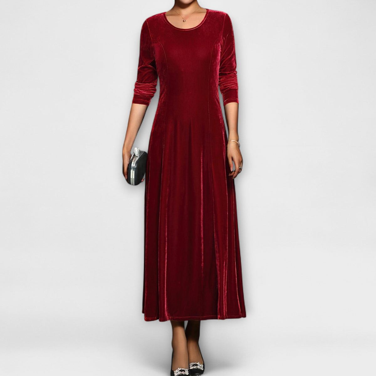 Round Neck Velvet Long Sleeve A-Line Maxi Dress