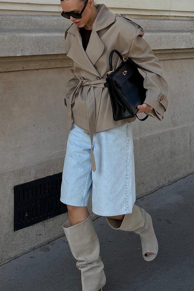 Khaki Lapel Belted Slim Long Sleeve Trench Coat