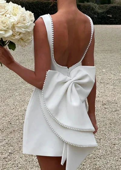 Pearl Trimmed Bow Back Mini Dress Chic Elegance