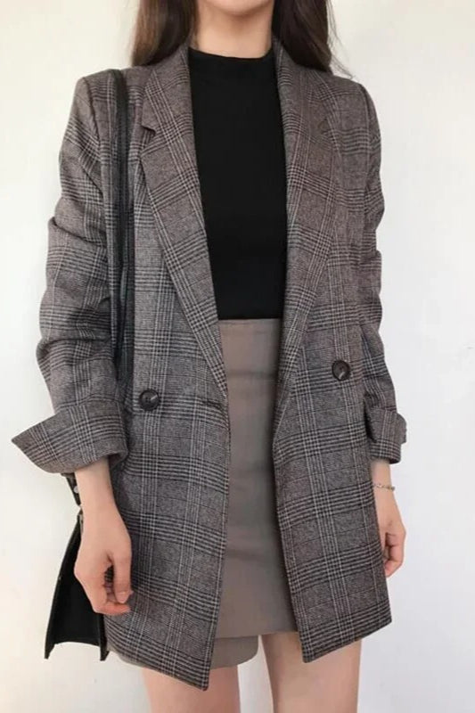 Plaid DoubleBreasted Long Blazer