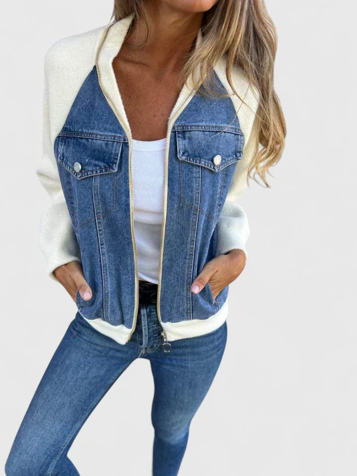 Zip Front Denim Contrast Raglan Sleeve Pocket Bomber Jacket 2