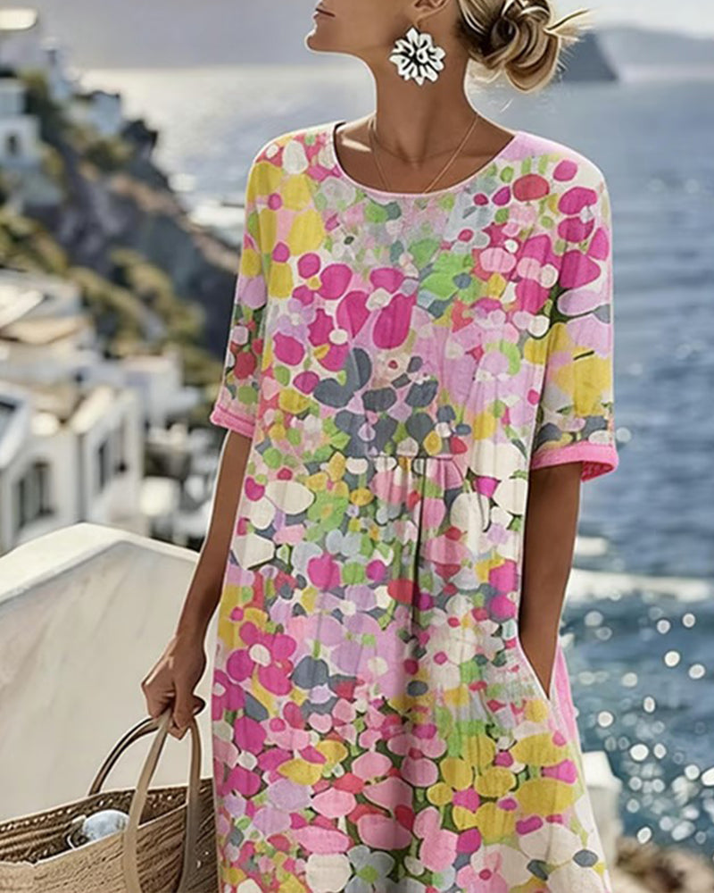 Round Neck Watercolor Floral Print Short Sleeve Pocket A-Line Midi Dress