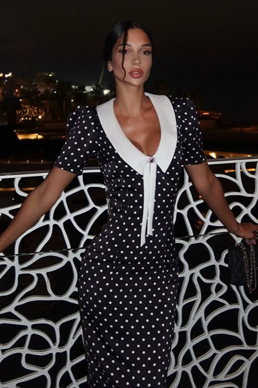Black Polka Dot V-Neck Puff Sleeve Bodycon Maxi With Side Slit Dress