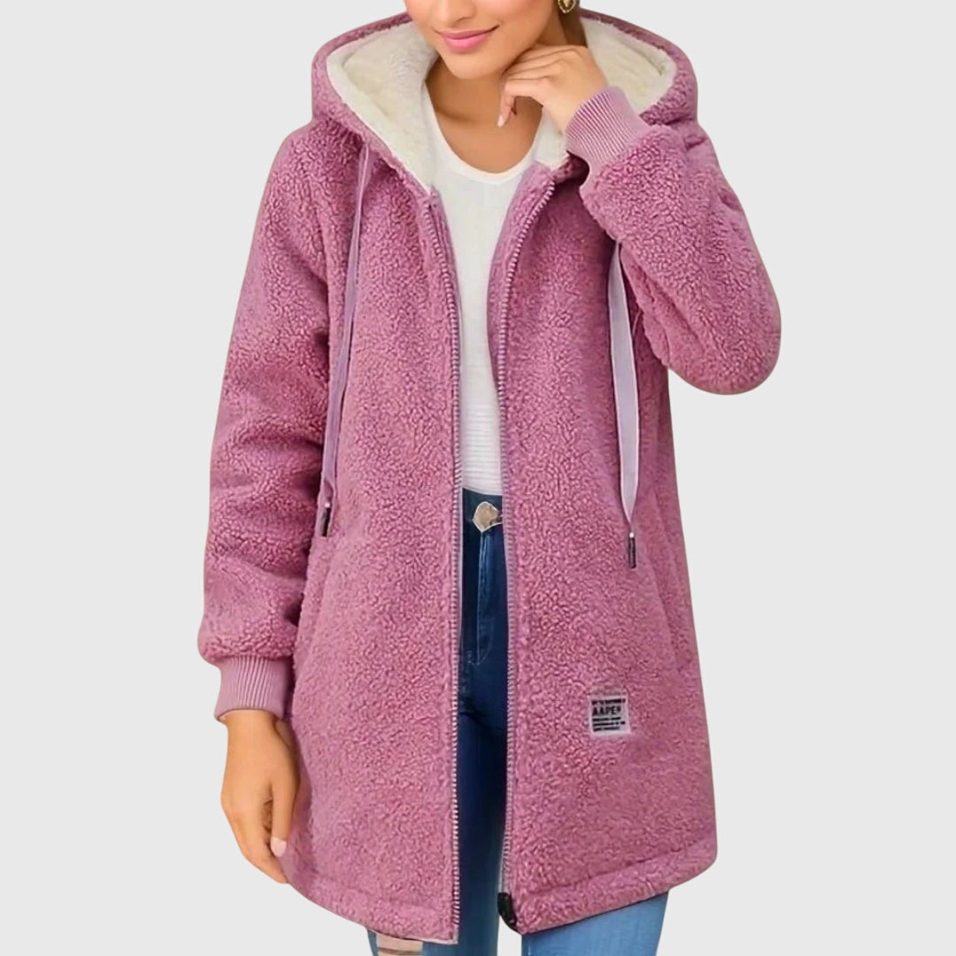 Hooded Sherpa Fleece Drawstring Zip Up Longline Jacket