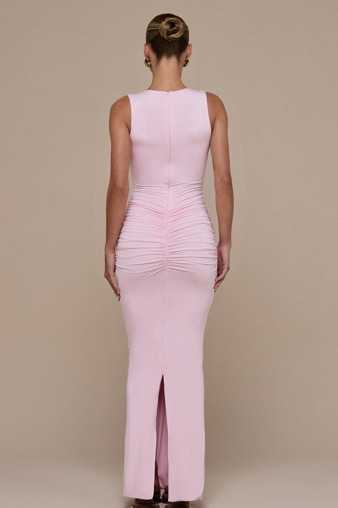 Sleeveless V Neck Ruched Back Slit Bodycon Party Dress