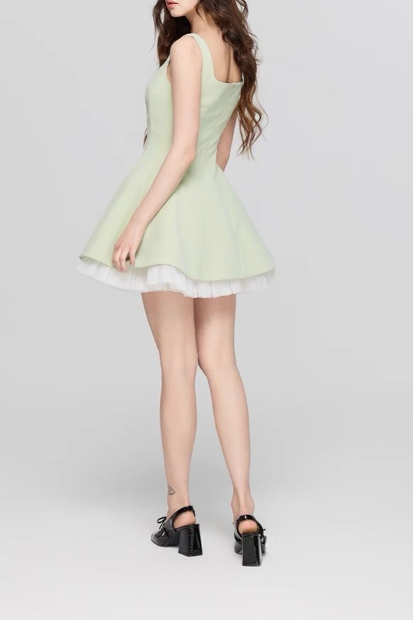 Square Neck Mesh Panel Mini Dress 13