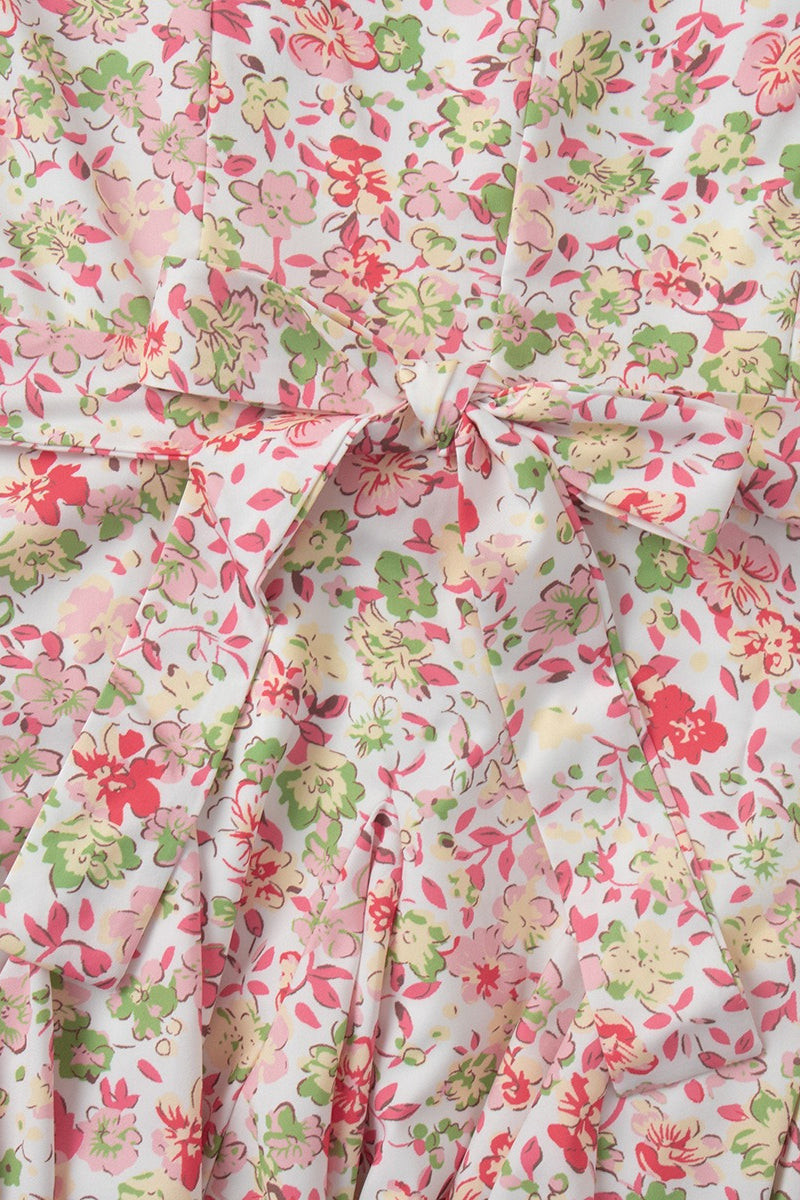 Pink Peter Pan Collar Puff Sleeve Button Front Pleated Ruffle Hem Floral Print Mini Dress 8