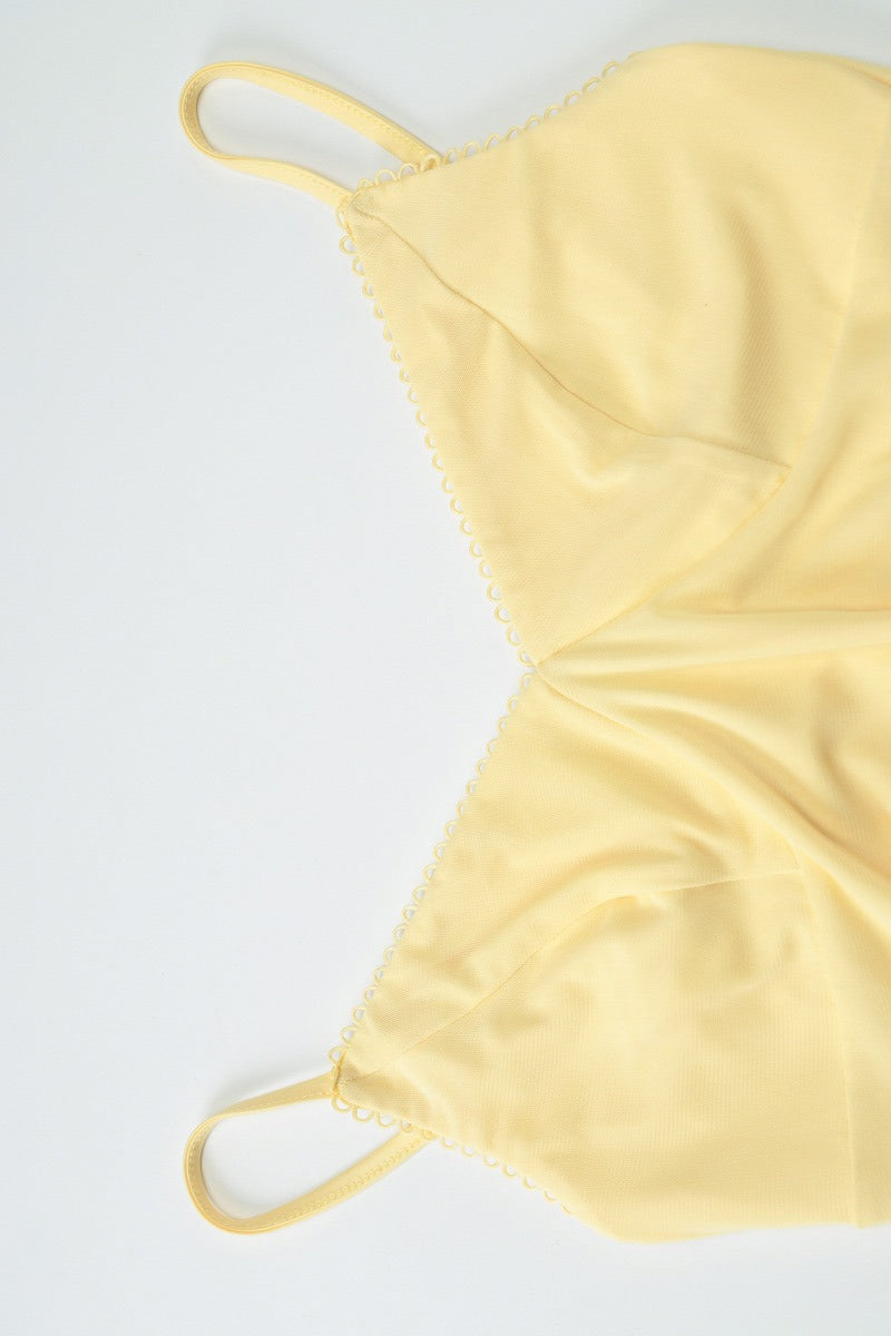 Yellow Spaghetti Strap Sweetheart Neck Scallop Trim Ruched Mermaid Maxi Dress 8