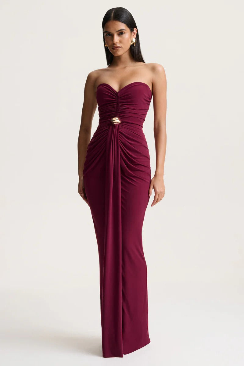 Sexy Sleeveless Ruched Waist Cinched Sash Strapless Party Dress