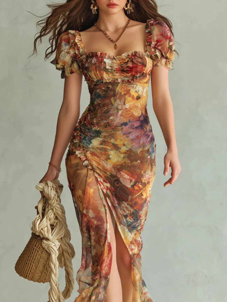 Multicolor Square Neck Puff Sleeve Floral Ruched High Slit Bodycon Maxi Dress