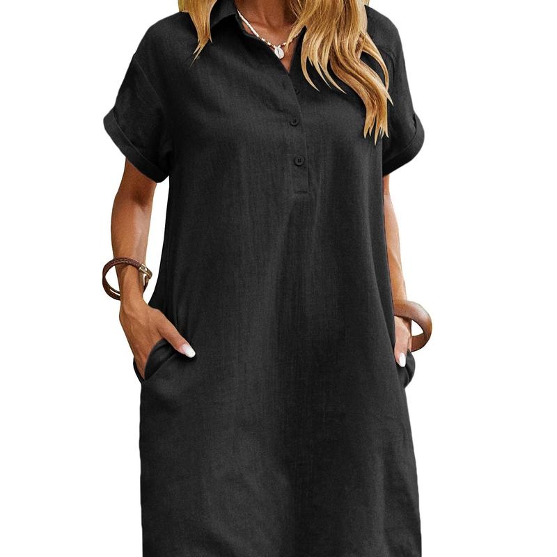 Collared Button Placket Short Sleeve Linen Pocket Shirt Midi Dress