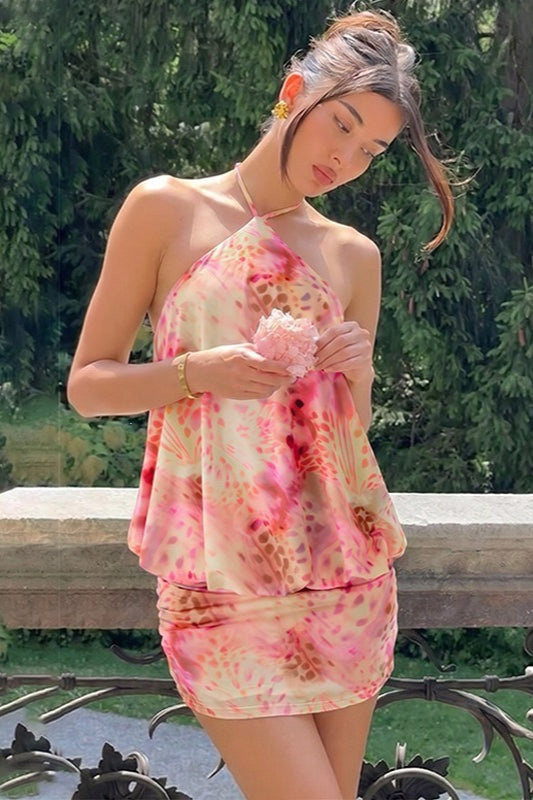 Printed Halter Tie Back Bodycon Slip Dress