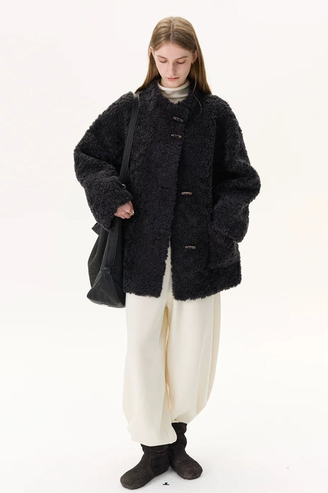 Pure Wool Bouclé Horn Button Shearling Coat