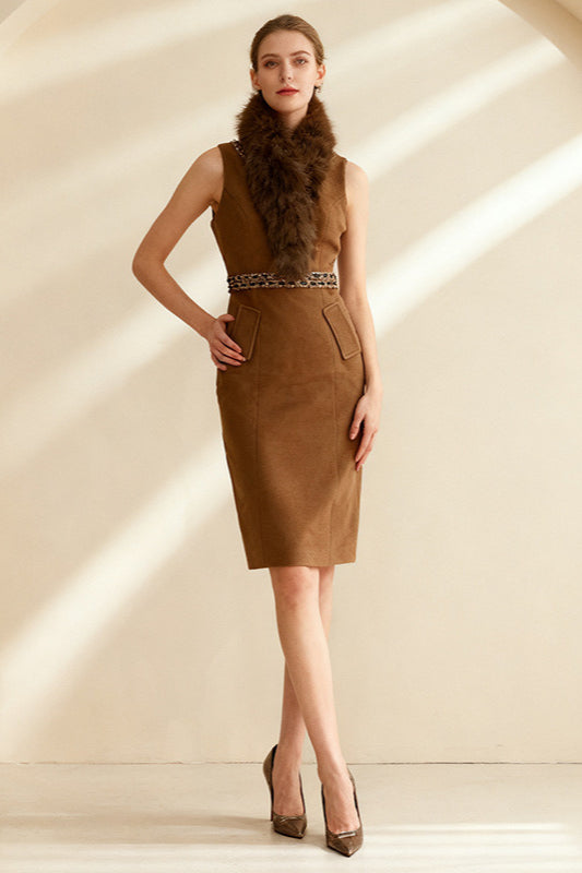 Brown Faux Fur Sleeveless Embellished Midi Dress